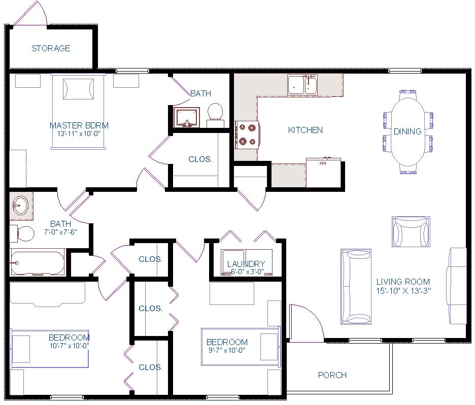 Floor plan for 3 beds, 1.5 baths, 1152 sqft